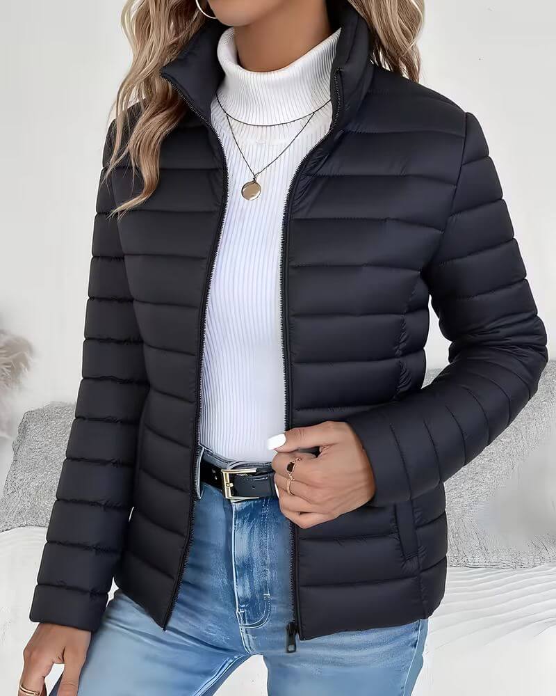 Front view showing stand collar, zipper closure and quilting, black