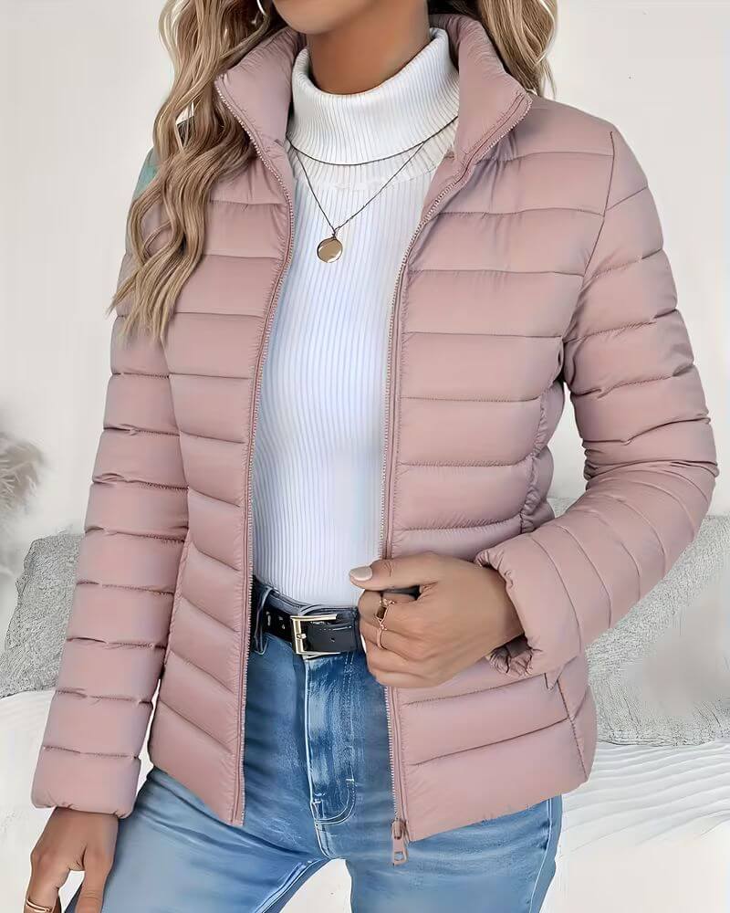 Front view showing stand collar and quilting, pink
