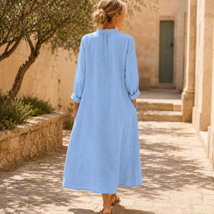 Back view of gathered back and mid-calf hem