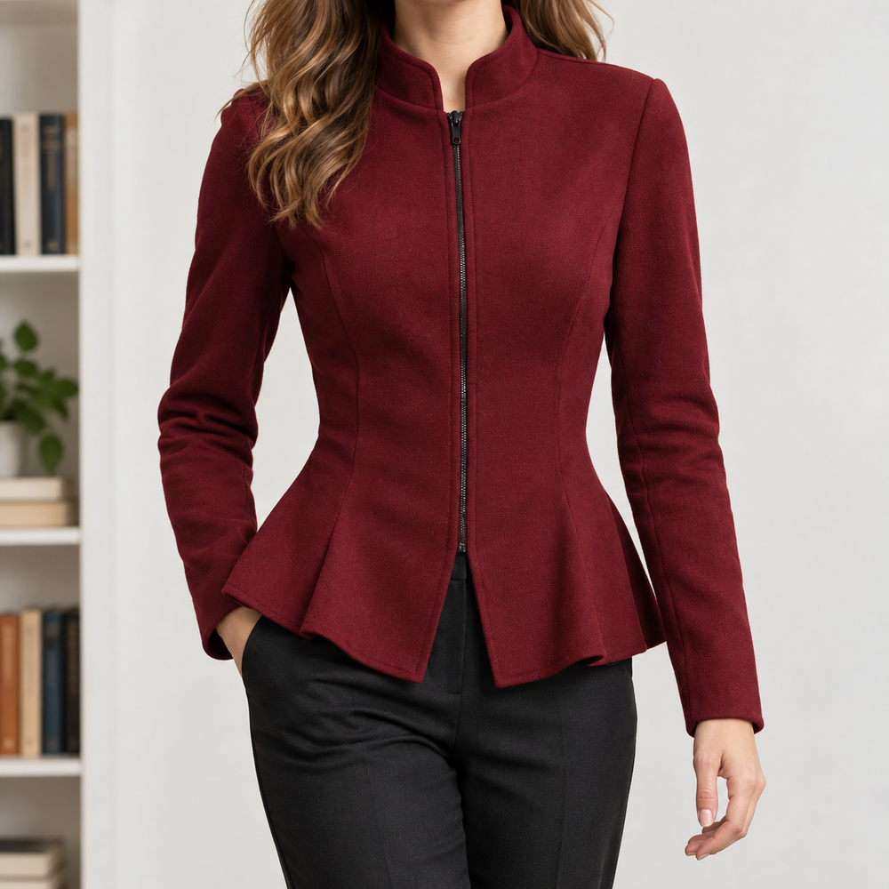 Front view showing stand collar, full front zipper and flared peplum, wine red