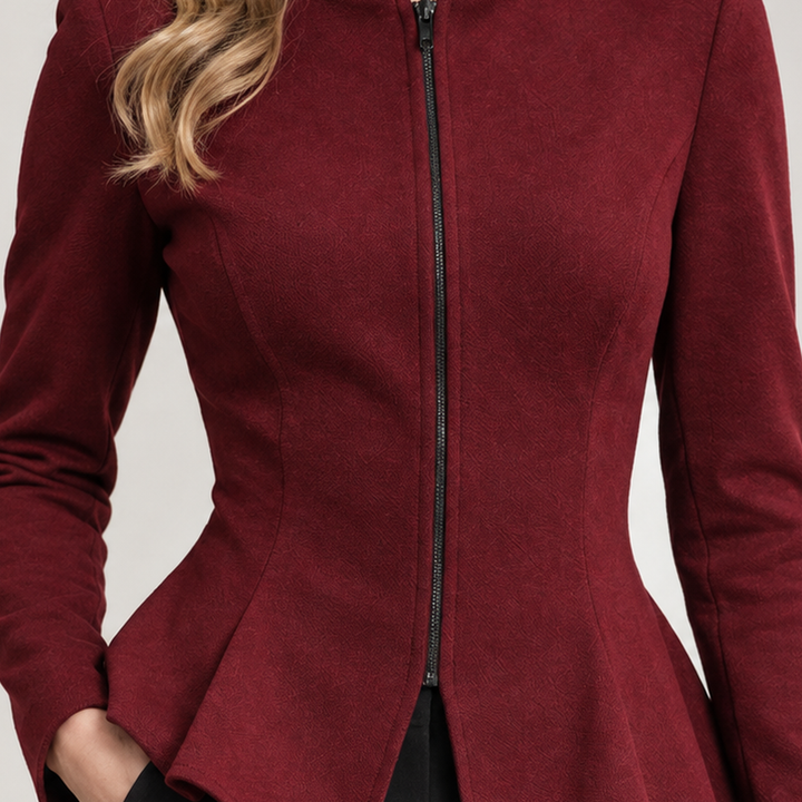 Detail view of full front zipper and bodice seams