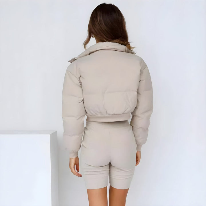 Back view showing hood, long sleeves and cropped hem, khaki