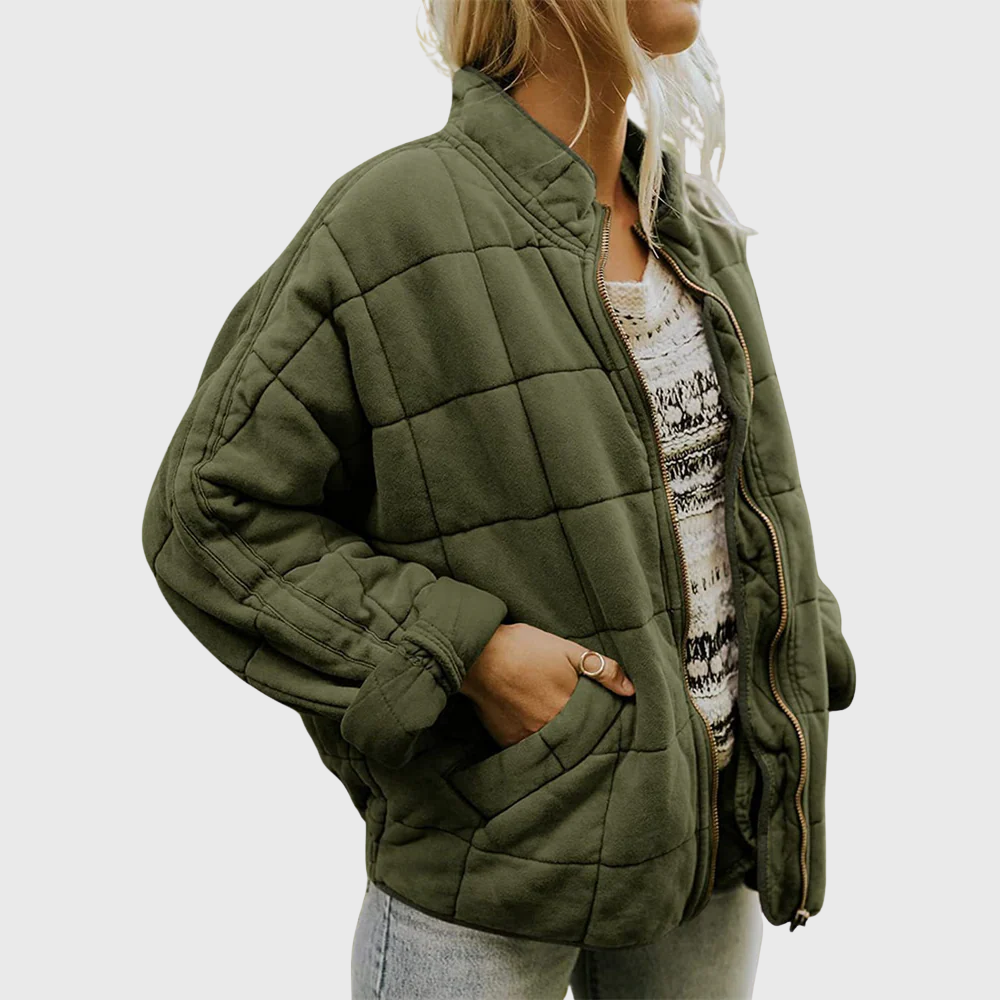 Front view showing stand collar, zipper front and side pocket, green