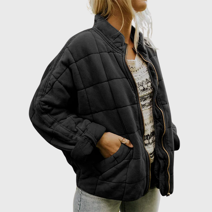 Front view showing stand collar, zipper front and quilted body, black