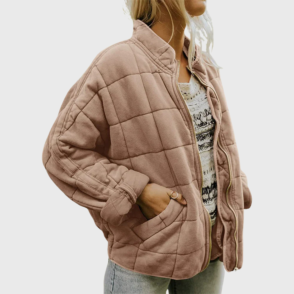 Front view showing stand collar, zipper front and side pocket, khaki