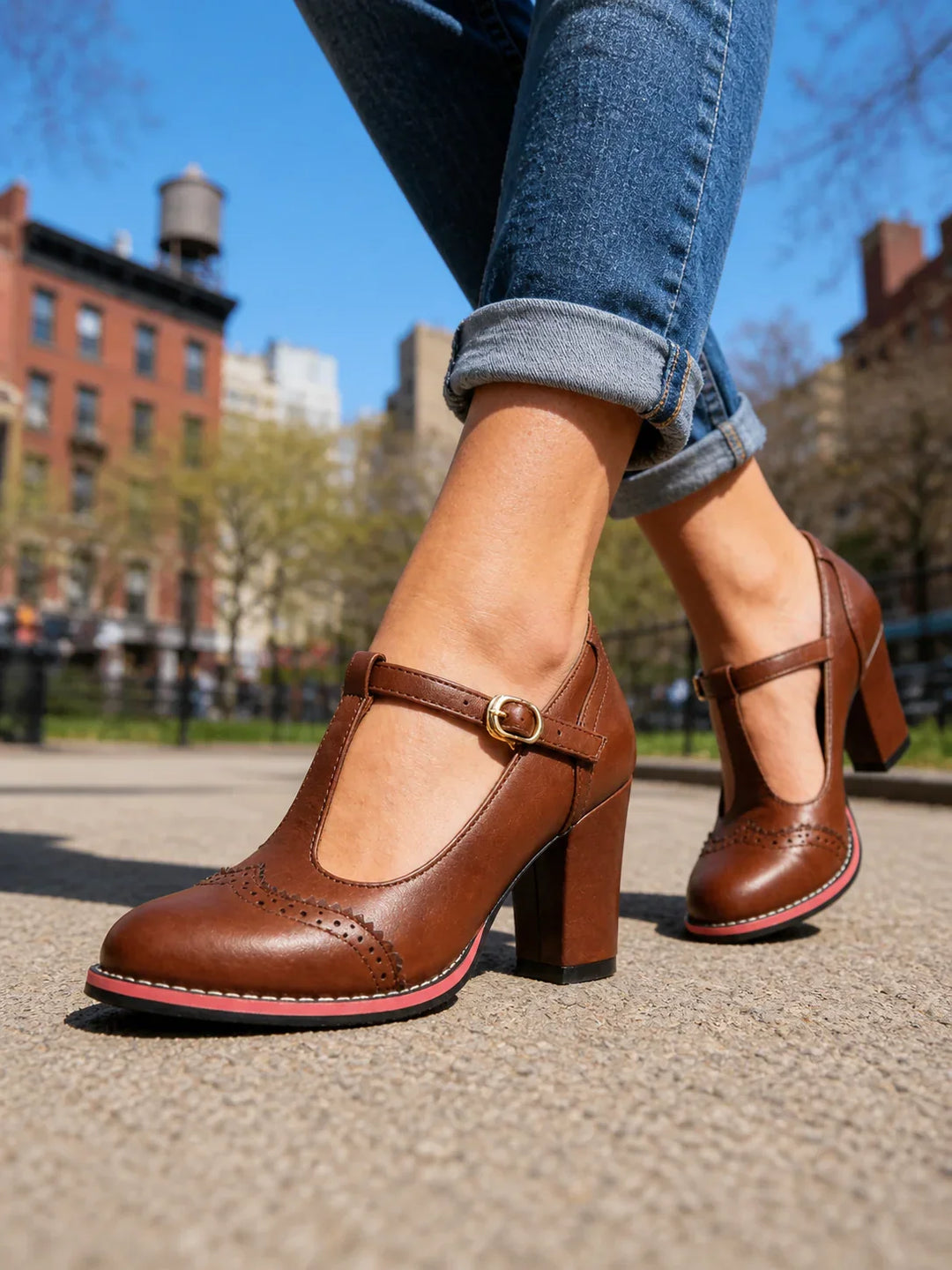 Side view of t-bar strap, brogue detailing and block heel
