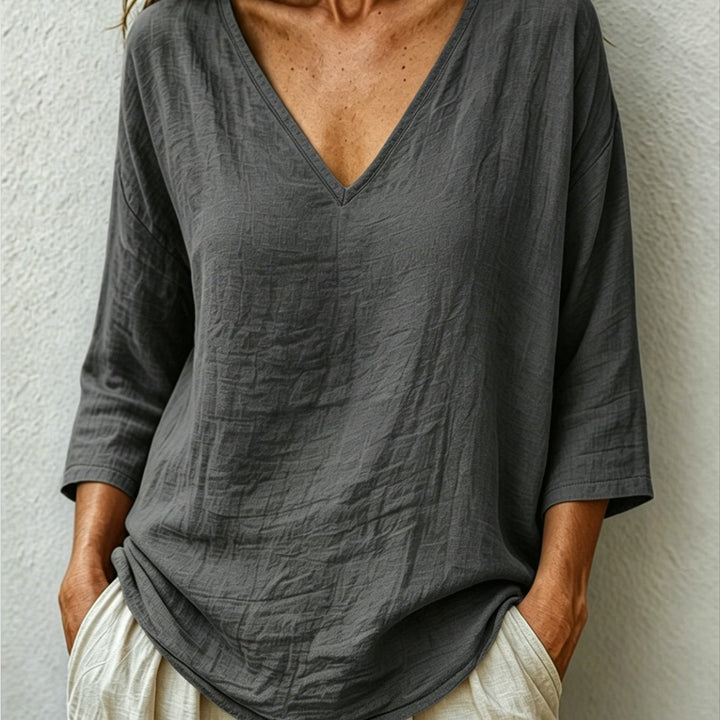 Front view of v-neckline and three-quarter sleeves, dark gray