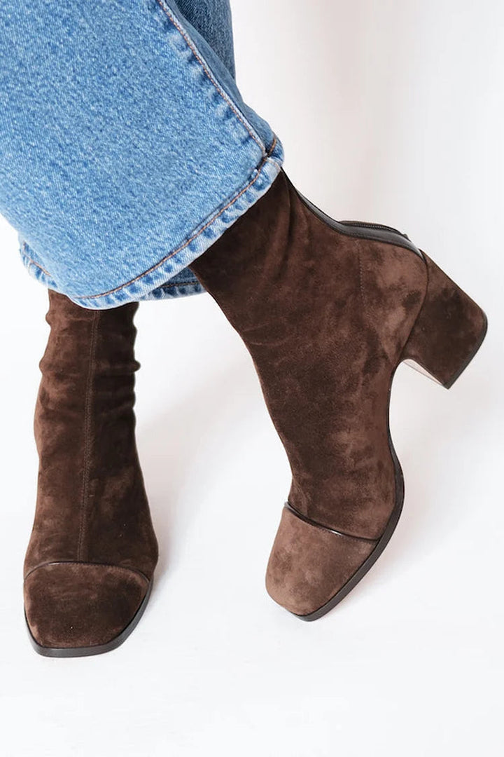 Side view showing upper, toe cap and block heel, dark brown