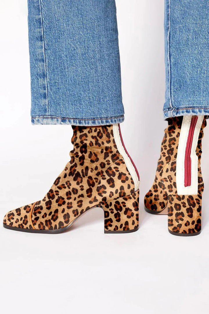 Front view showing upper, toe cap and back zipper side stripe, classic leopard