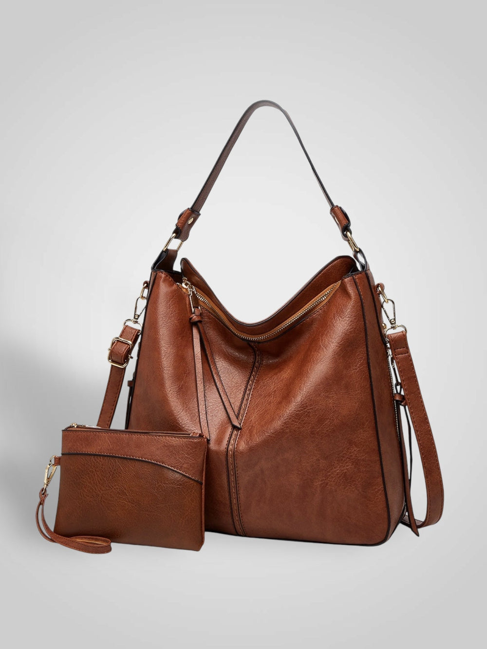 Front view with top handle, crossbody strap, top zipper closure and matching pouch, coffee
