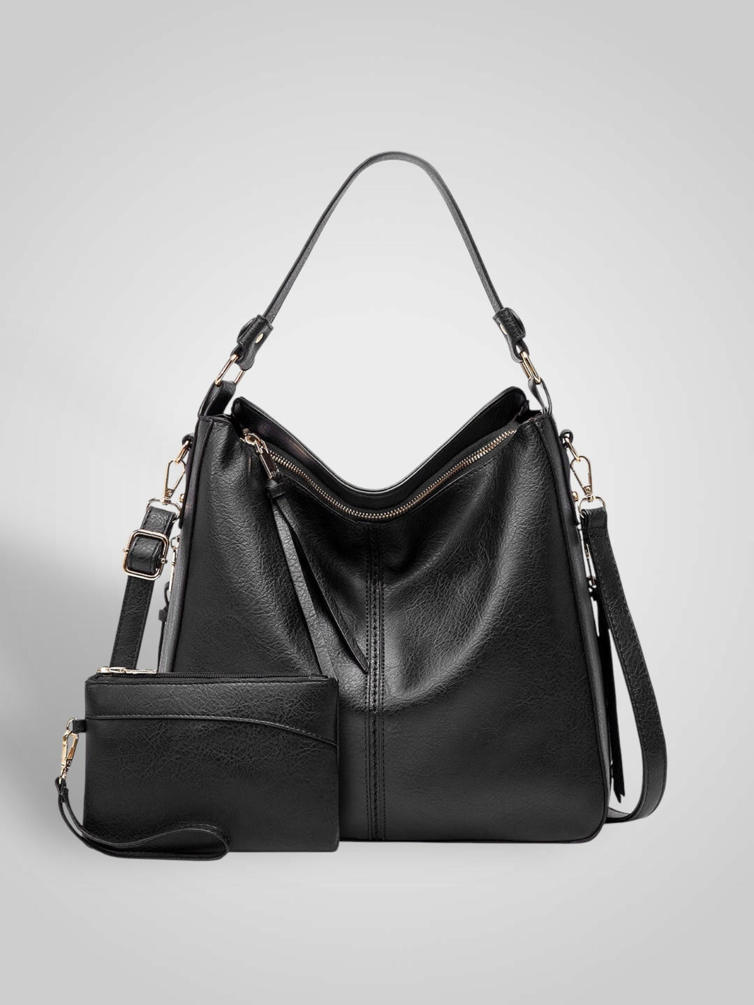 Front view with top handle, crossbody strap, top zipper closure and matching pouch, black