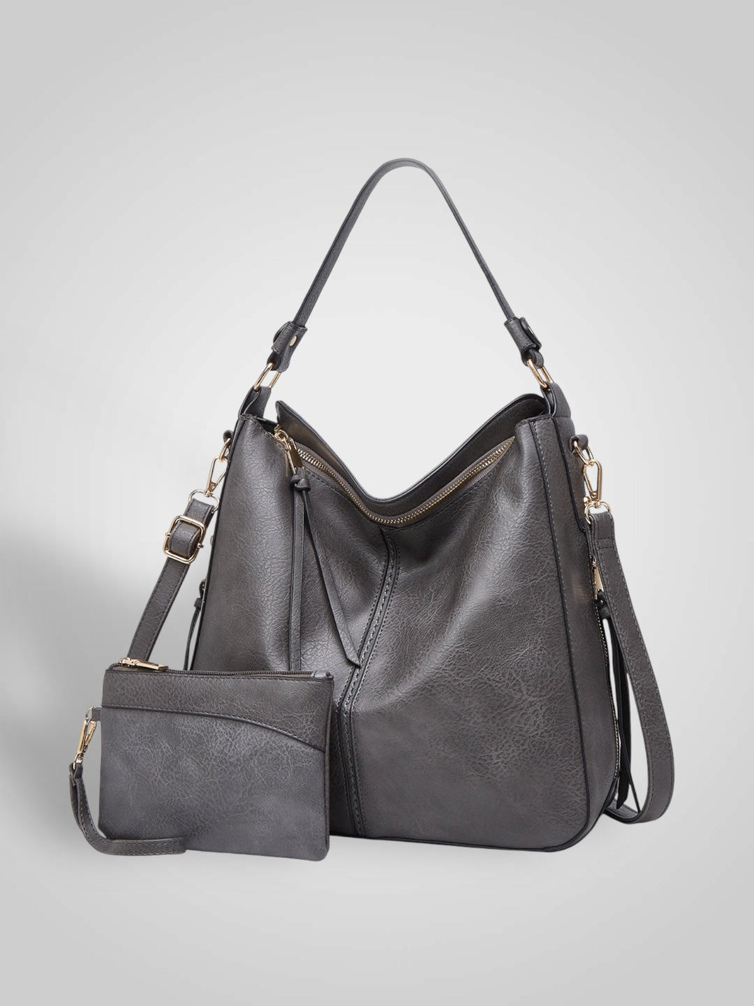 Front view with top handle, crossbody strap, top zipper closure and matching pouch, gray