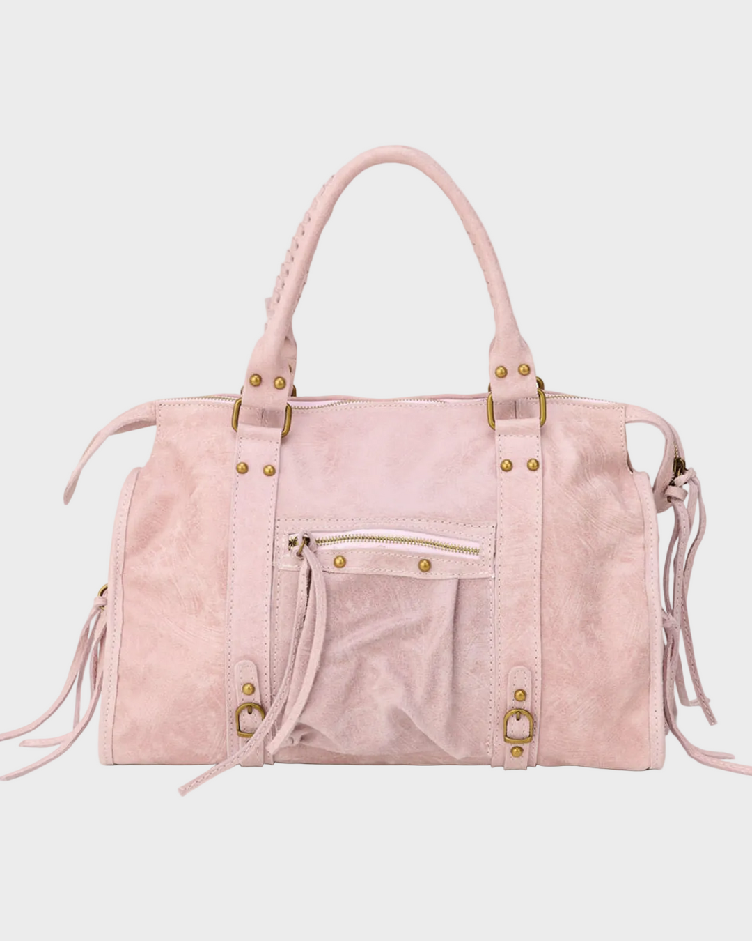 Front view showing top handles, front zipper pocket and side straps