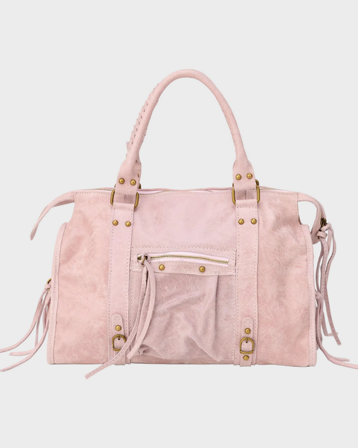 Front view showing top handles, front zipper pocket and side straps