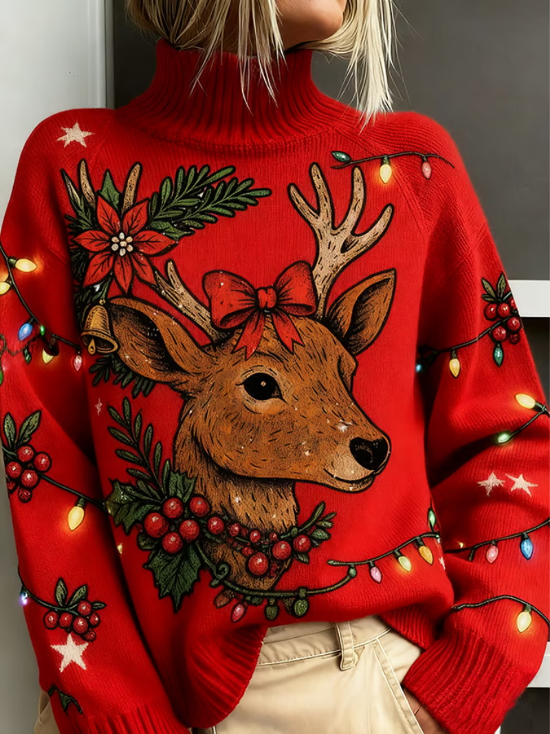 Front view of turtleneck sweater with long sleeves and holiday print, red