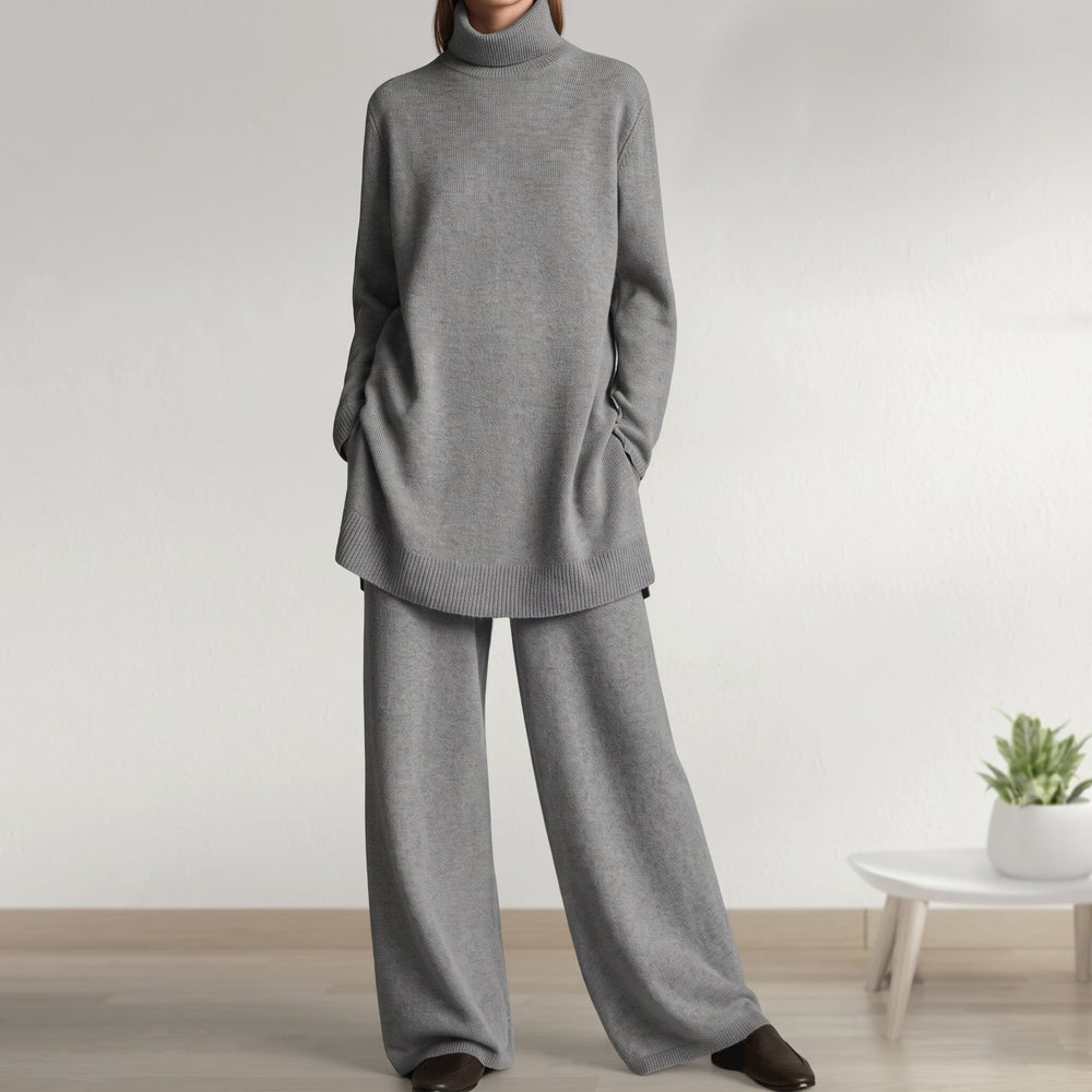 Front view of turtleneck top with banded hem and wide-leg pants, gray