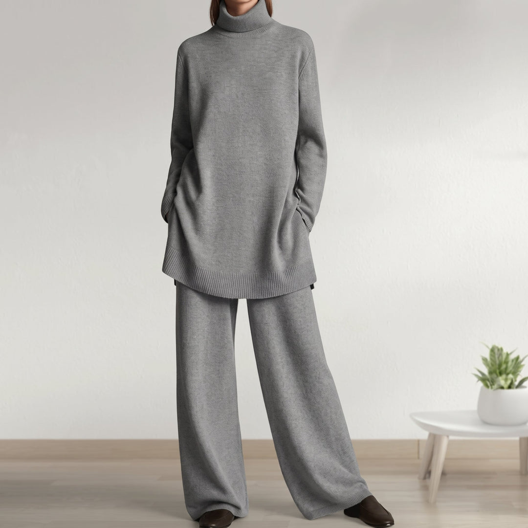 Front view of turtleneck top with banded hem and wide-leg pants, gray