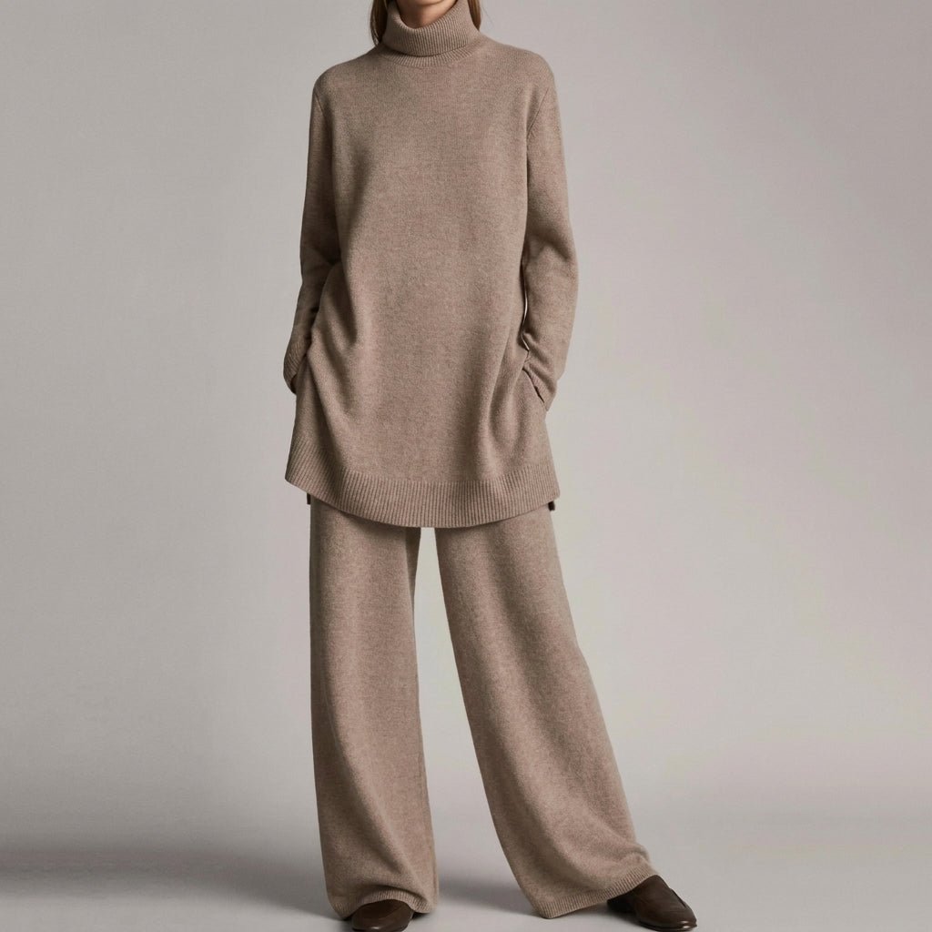 Front view of turtleneck with side pockets, banded hem and wide legs, khaki