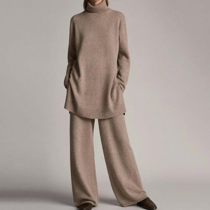 Front view of turtleneck with side pockets, banded hem and wide legs, khaki