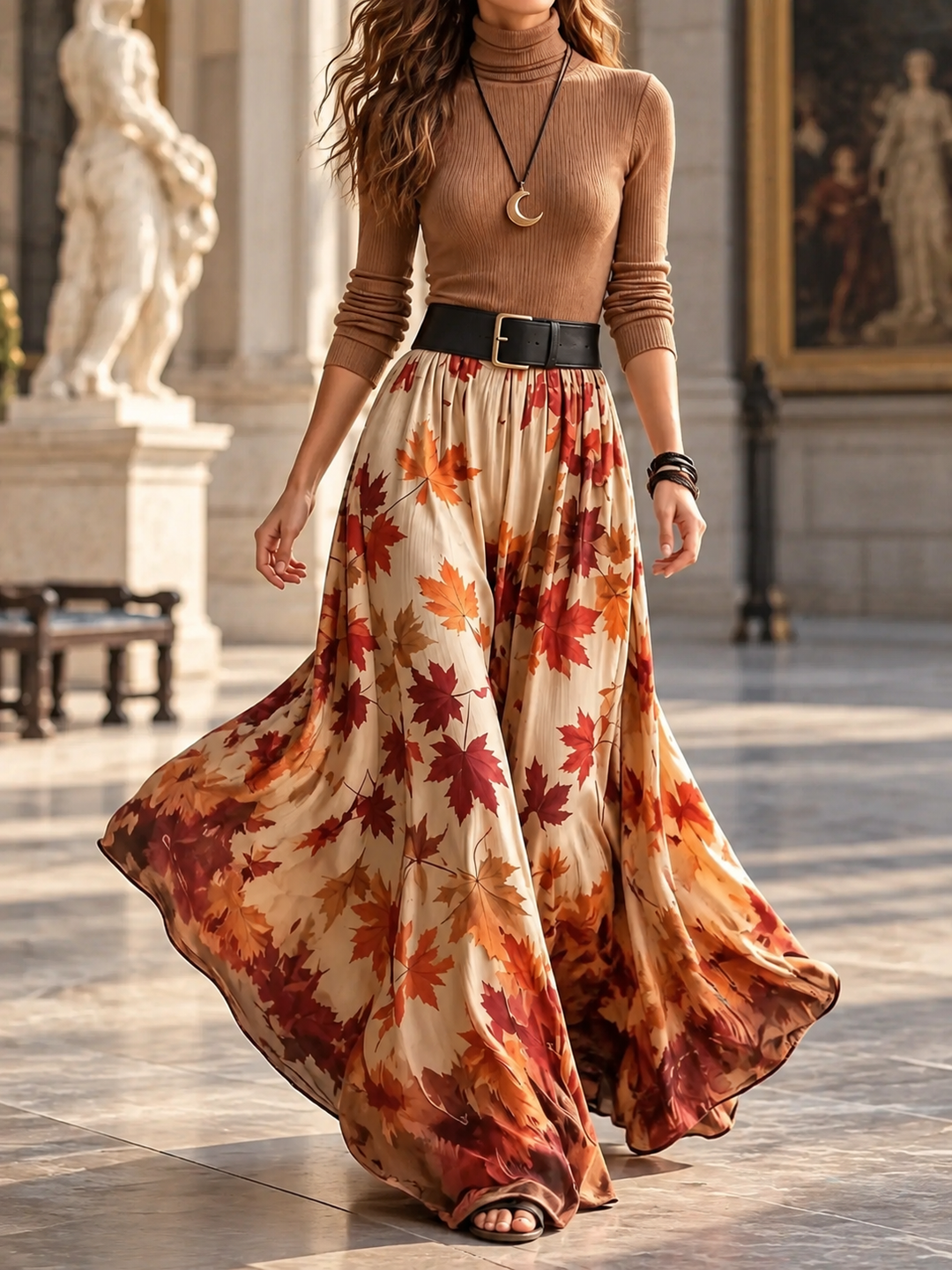 Carlsbad | Women’s Turtleneck Long Sleeve Leaf Print Maxi Skirt Set