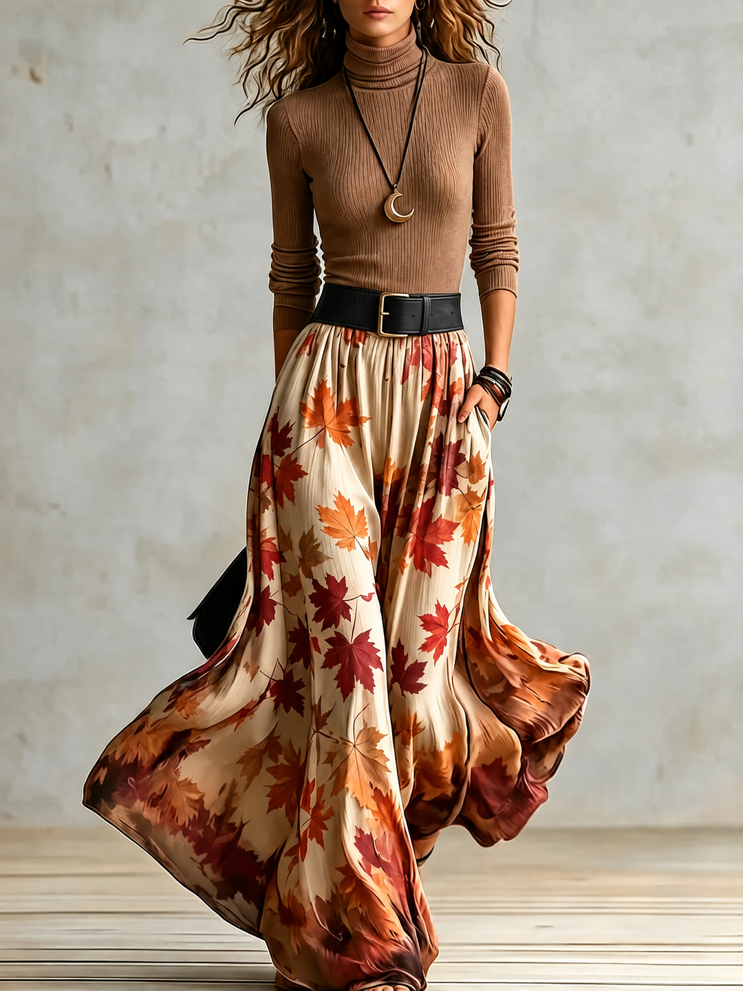 Carlsbad | Women’s Turtleneck Long Sleeve Leaf Print Maxi Skirt Set
