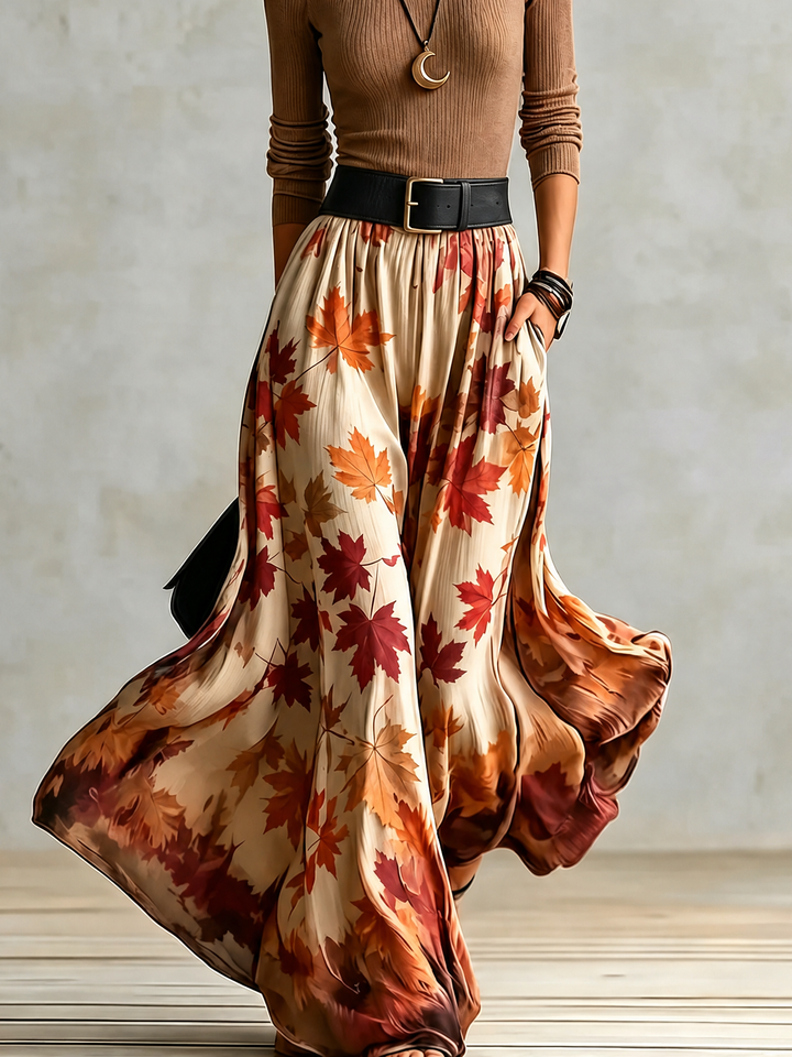 Carlsbad | Women’s Turtleneck Long Sleeve Leaf Print Maxi Skirt Set