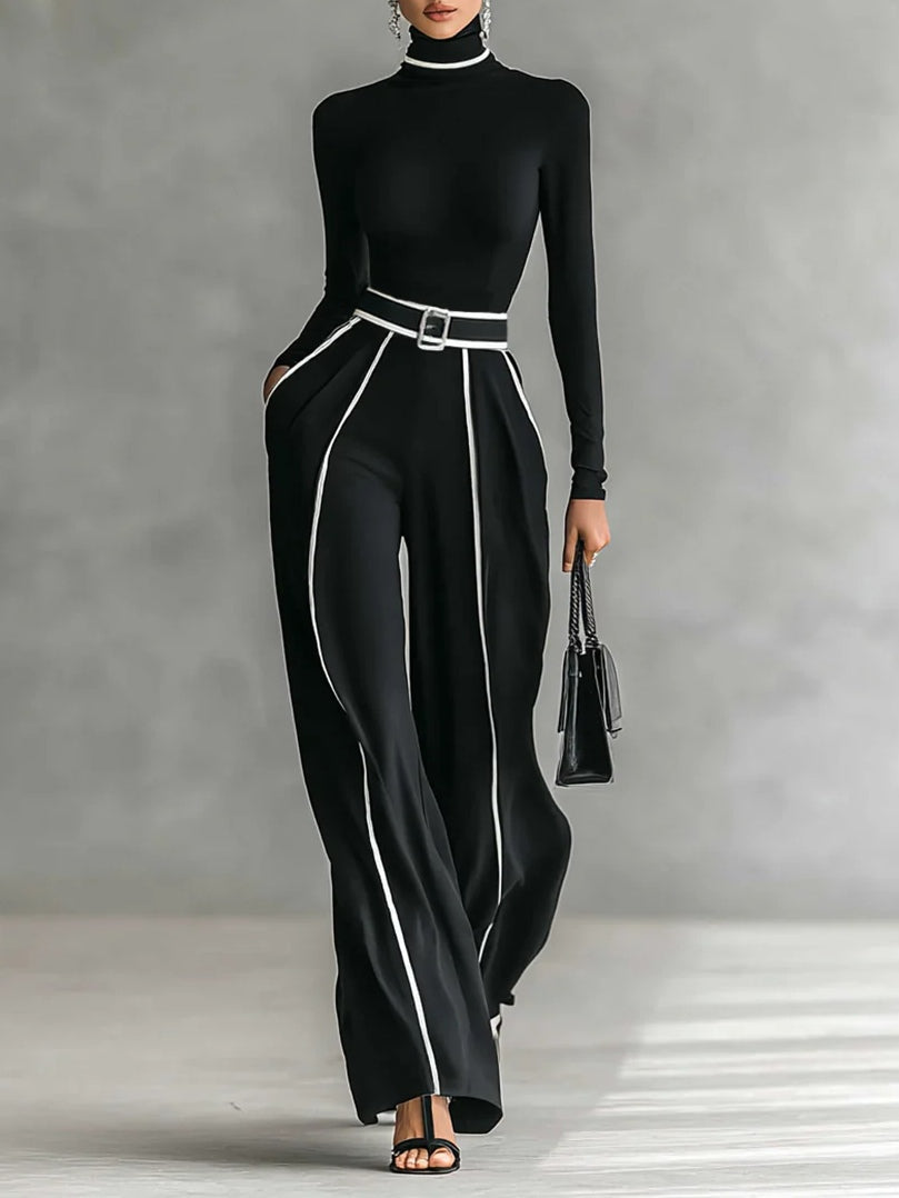 Front view of turtleneck long sleeve belted wide leg jumpsuit, black