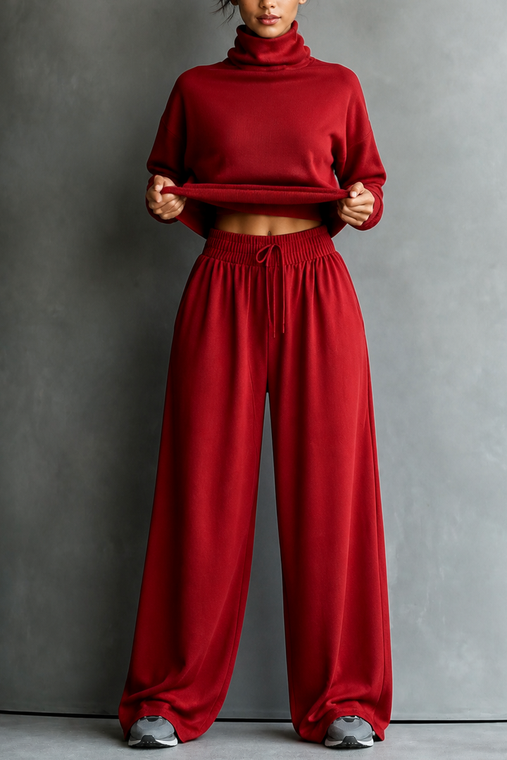Front view of turtleneck with drawstring waist and wide legs, dark red