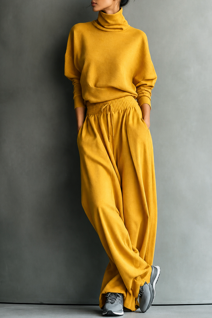 Front view of turtleneck top and wide legs, yellow