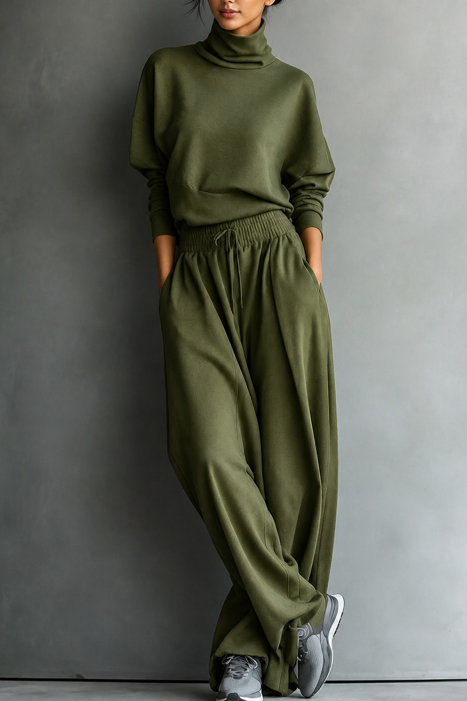 Front view showing side pockets and wide legs, olive green