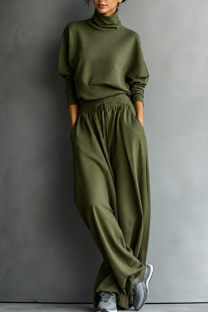 Front view showing side pockets and wide legs, olive green