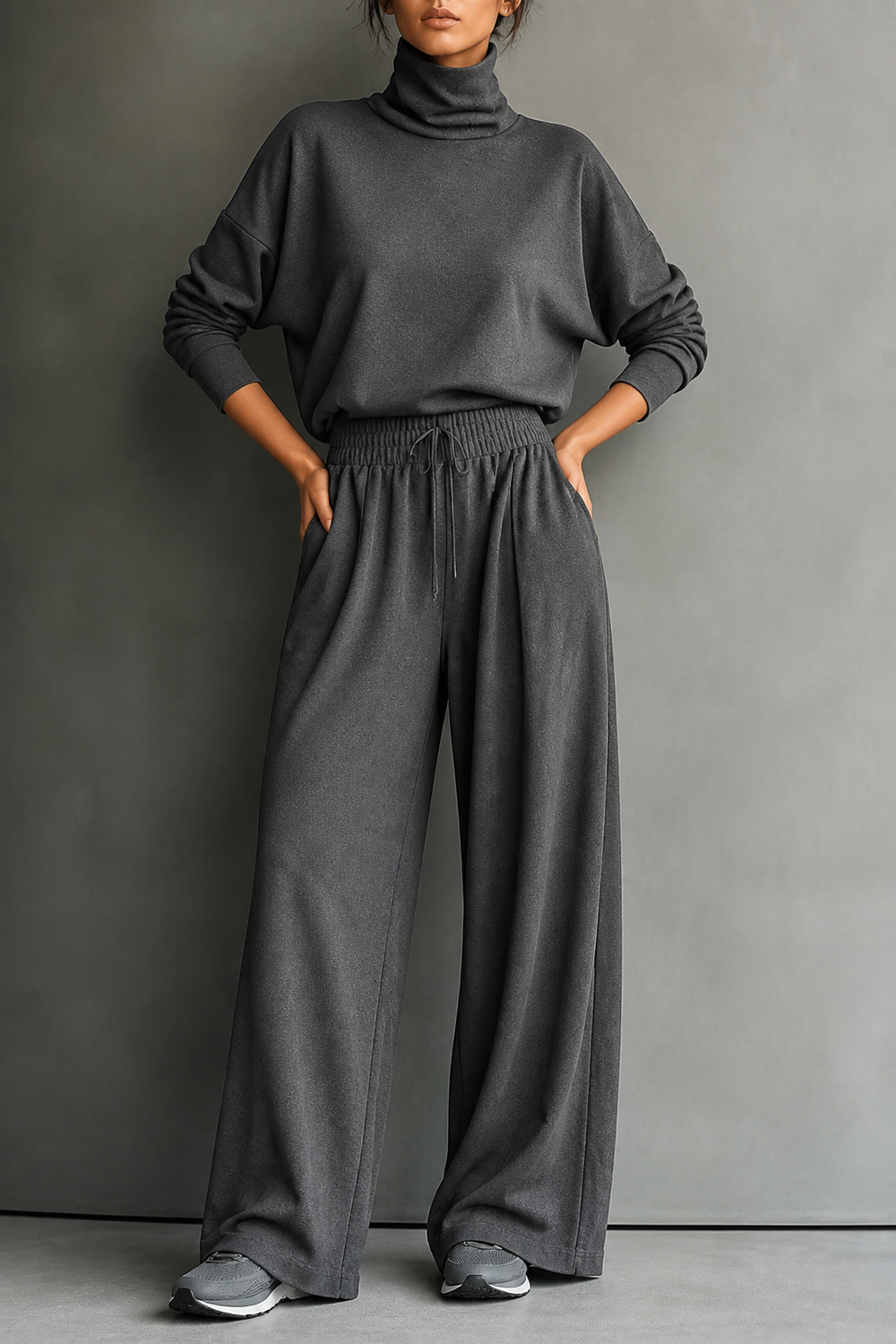 Front view showing side pockets, banded waist and wide legs, gray