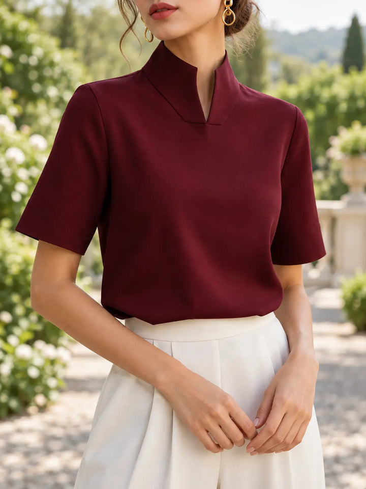 Yosemite | Women’s V-Cut Stand Collar Cuffed Short Sleeve Blouse