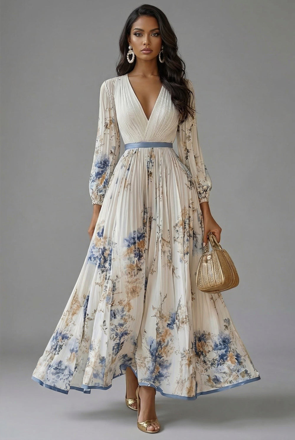 Front view of v-neckline, long sleeves, pleated bodice and pleated skirt, white