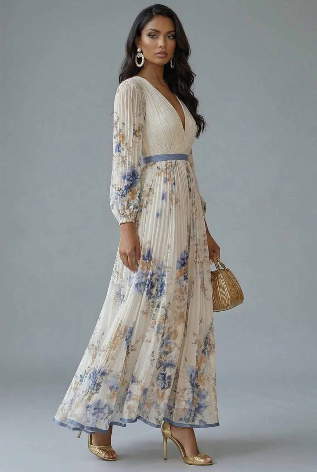 Side view of long sleeves, banded waist and pleated skirt