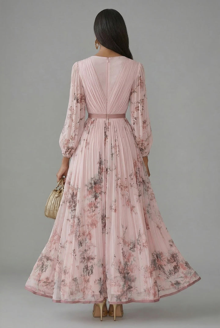 Back view of back zipper, banded waist and pleated skirt