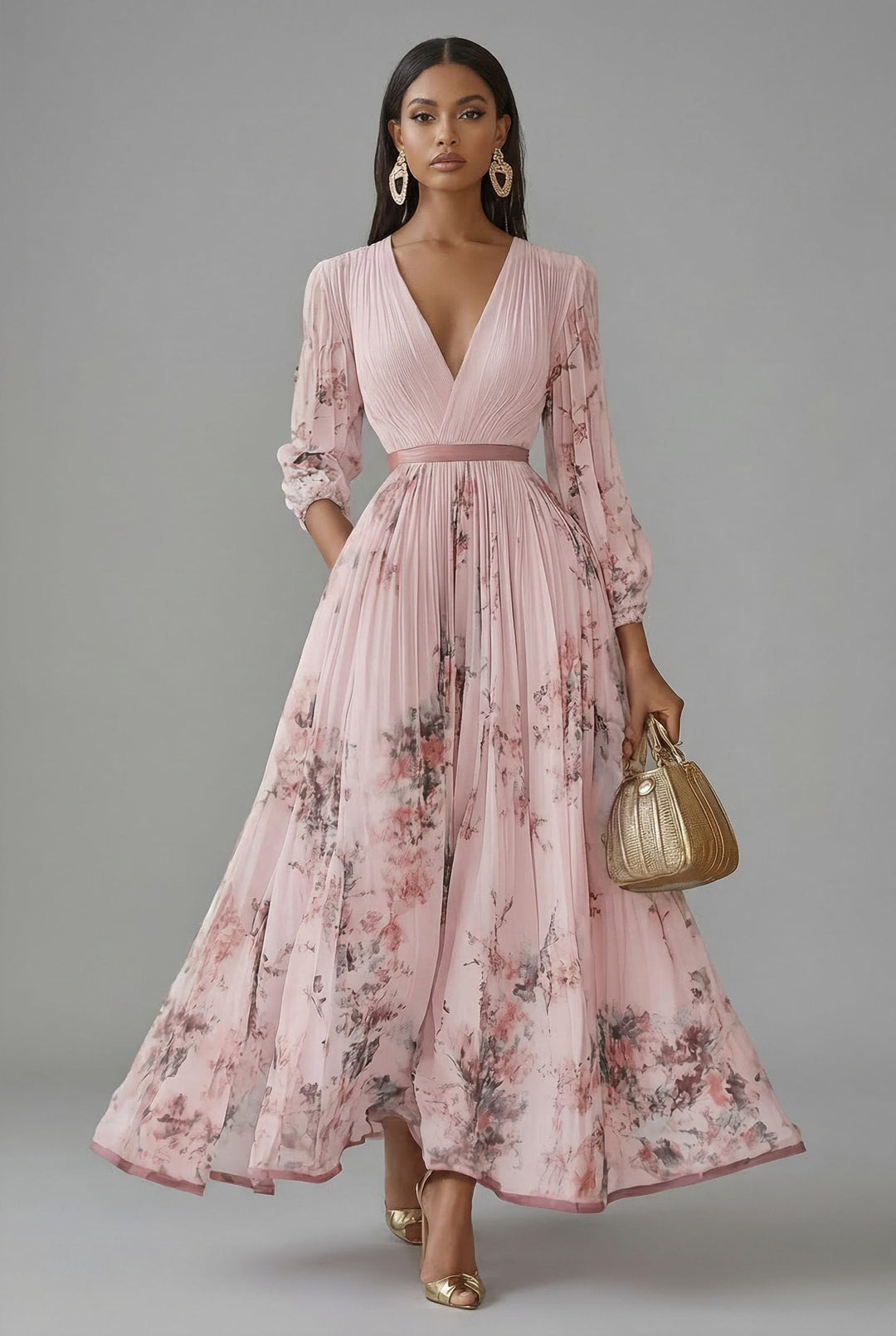 Front view of v-neckline, pleated bodice and ankle-length hem, pink