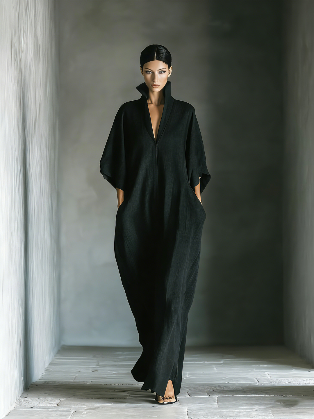 Front view of maxi dress with stand collar, v-neckline, kimono sleeves and side pockets