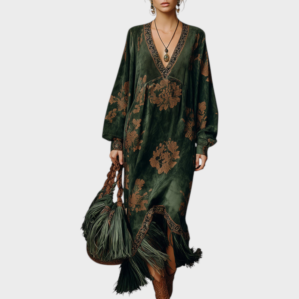 Front view of deep v-neckline, long sleeves and fringe hem, green