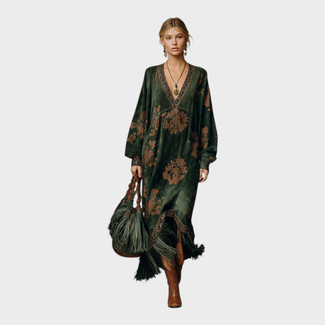Front view of v-neckline, long sleeves and floor-length fringe hem