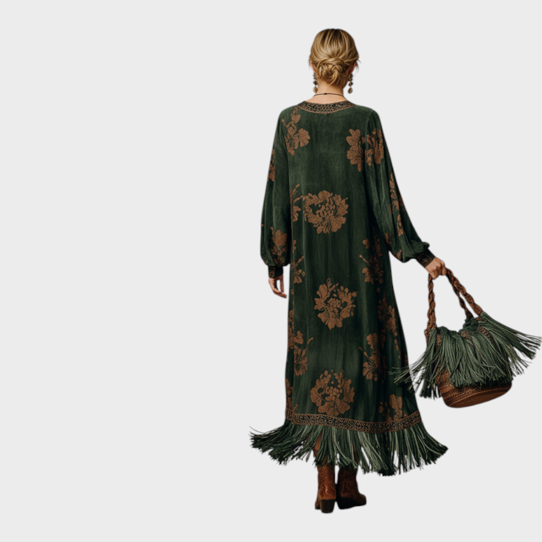 Back view of back bodice, long sleeves and fringe hem