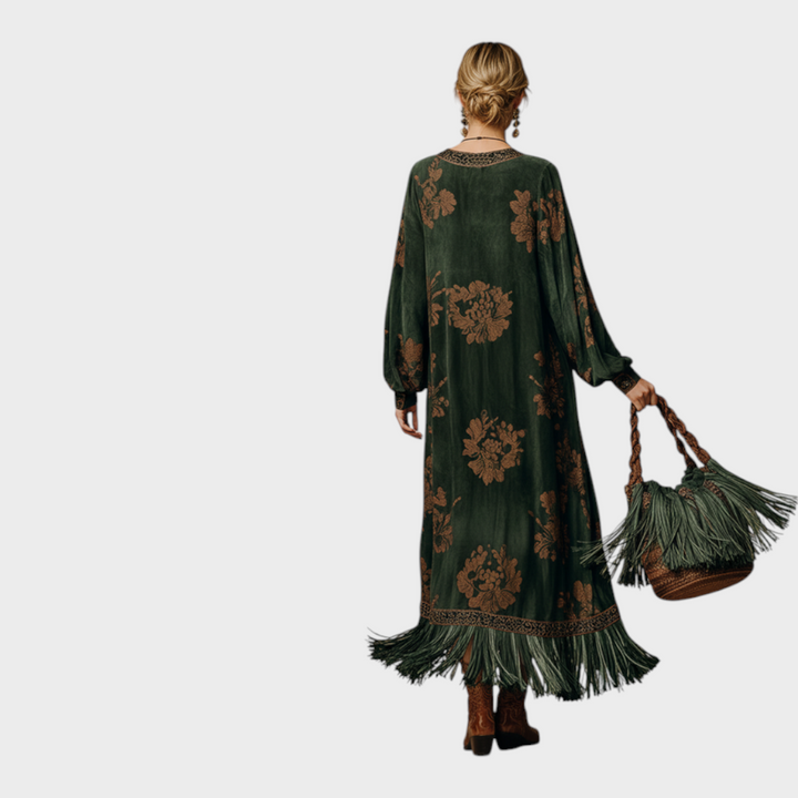 Back view of back bodice, long sleeves and fringe hem