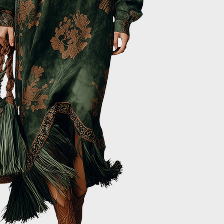 Detail view of floral print skirt and fringe hem with stitched border