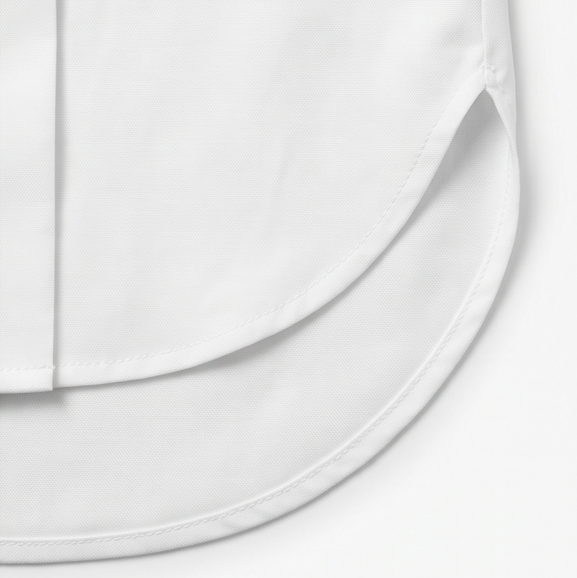 Detail view of the curved shirttail hem