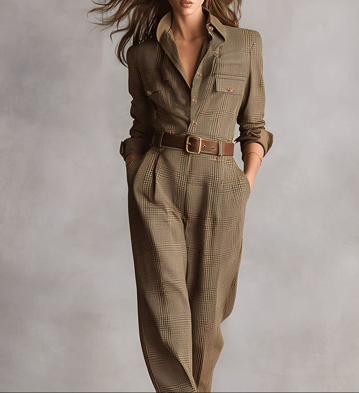 Front view showing lapel collar, button placket, chest flap pockets and belt