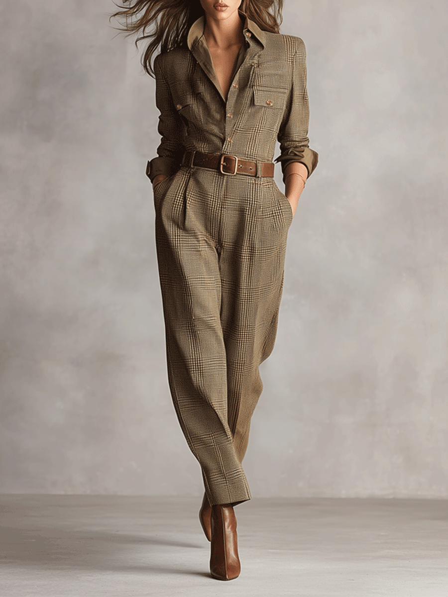 Front view showing lapel collar, button placket, belted waist and wide legs, brown