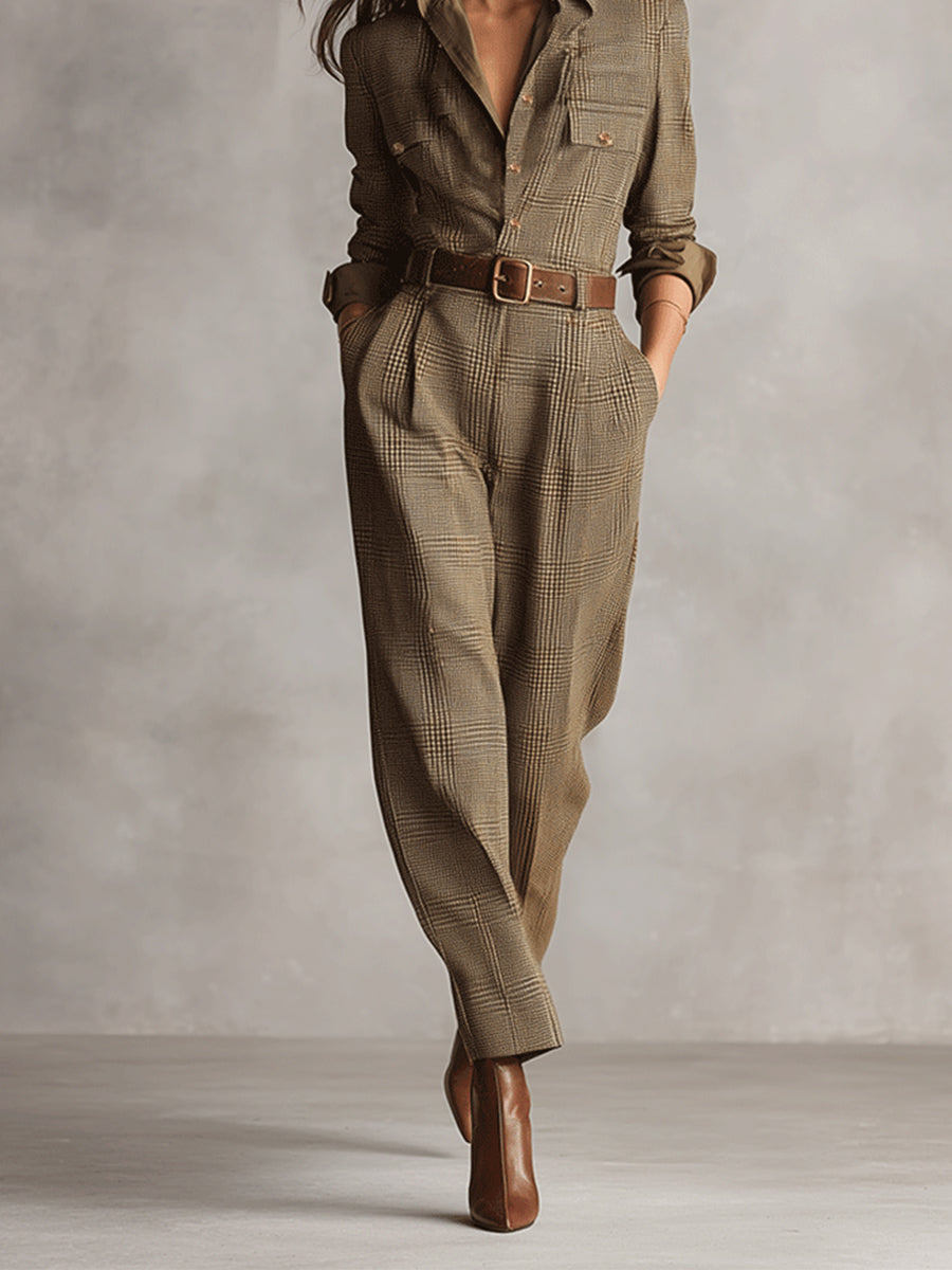 Front view showing v-neckline, chest pockets, belt and wide legs