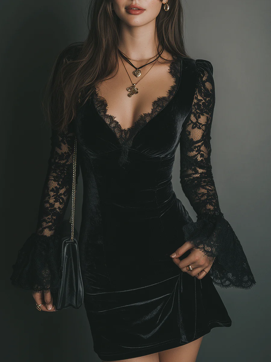 Front view of mini dress with v-neckline, lace trim, lace sleeves and flared cuffs