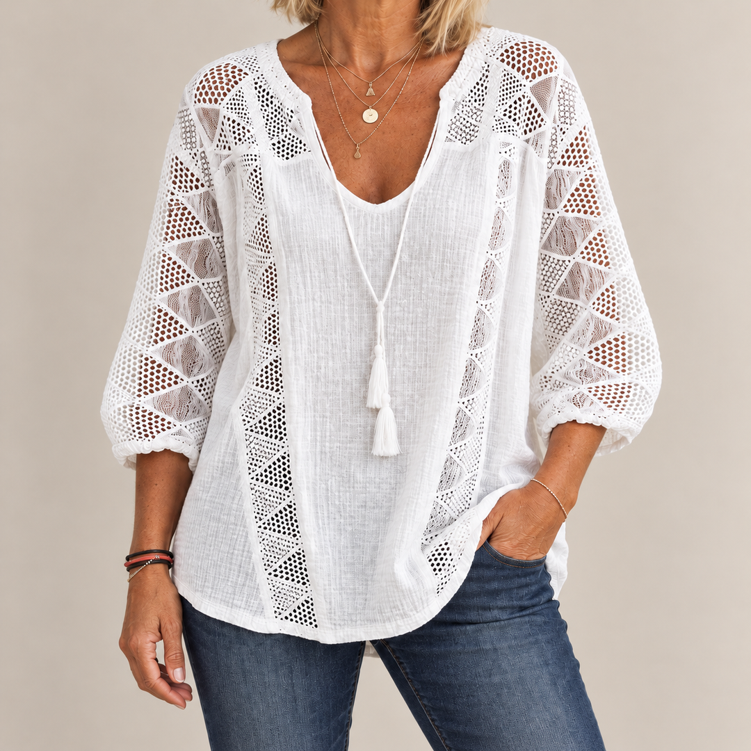 Front view of v-neckline with tassel tie and crochet front panels, white