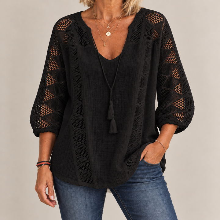 Front view of v-neckline and crochet front panels, black
